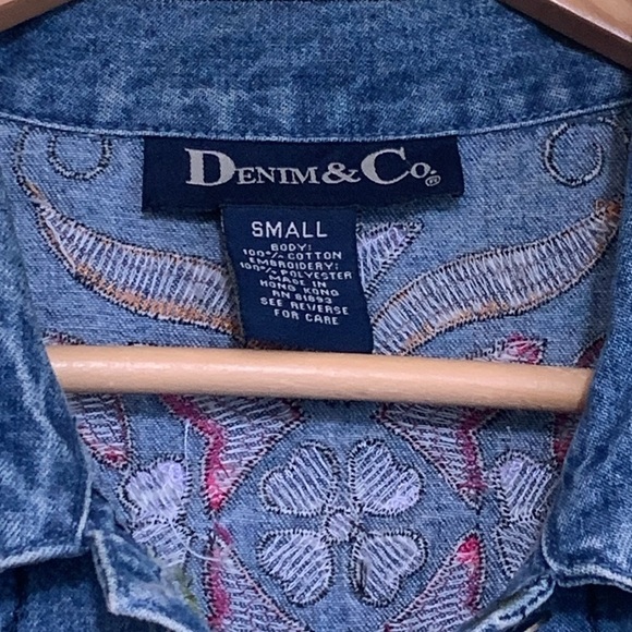 Denim & Co Embroidered Denim Jean Button Down Floral Long Boho Shirt Jacket S - Picture 8 of 17